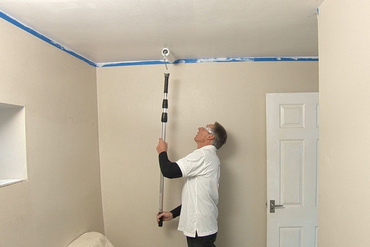 Use a 9 inch roller and extension pole to quickly paint the ceiling.